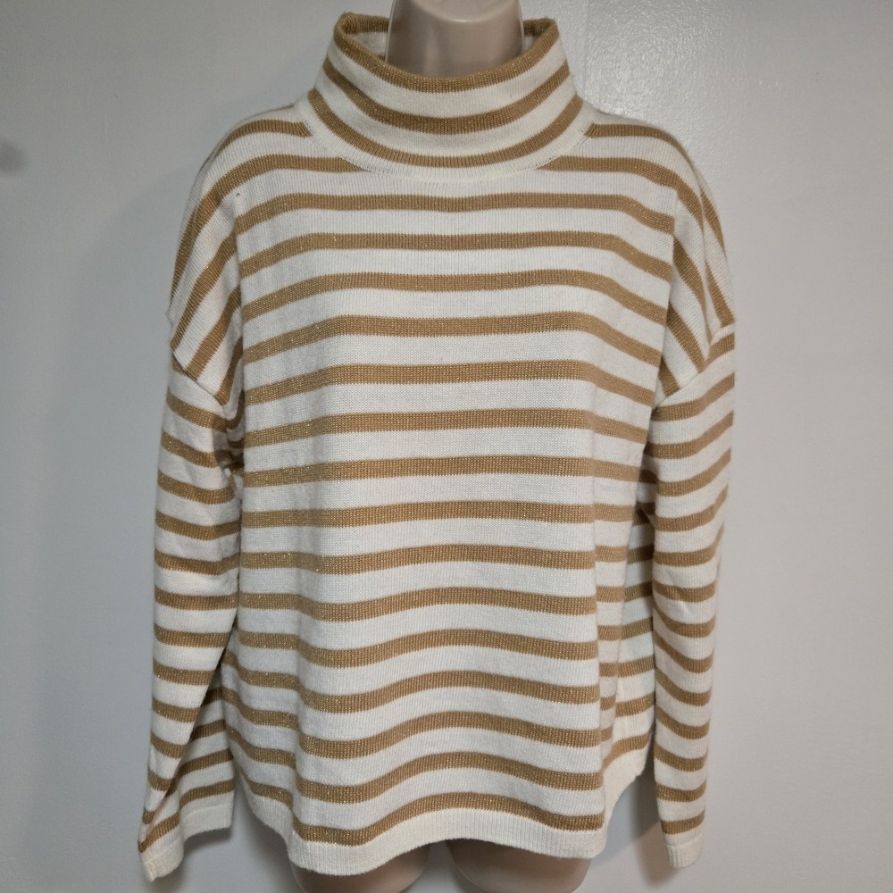 Talbots Petite Size PL Ecru w/ Gold Stripe Relaxed Sweater‎ NEW